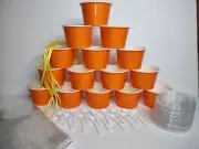 Party Favor Orange Cups, Lids, Mini Spoons, and Yellow Ribbons. Set of 15