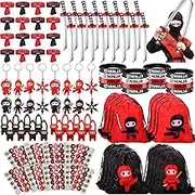 Tondiamo 168 Pcs Ninja and Pirate Party Favors with Drawstring Backpack Headband Inflatable Sword Bracelet Sticker Keychain Stretch Ninja or Pirate Eye Mask For Karate Birthday (Ninja Style)