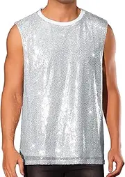 [Lars Amadeus] Sequin Tank Top for Men's Shiny Glitter Sleeveless Tee Tops Party Disco Metallic Vest