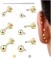 [GEMQUEEN] Flat Back Earrings Studs : 14K Gold Filled Titanium Surgical Steel Stud Hypoallergenic for Women Men 18G Cartilage Helix Tragus Conch Piercing Jewelry Dainty CZ Ball Pearl Earrings Set 3 Pair
