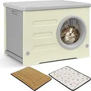 Plastic Cat House Indoor/Outdoor, Stackable Weatherproof Shelter with 2-Sided Cushion, Elevated Design for All Seasons
