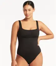 Sea Level Eco Essentials Square Neck One Piece Swimsuit - Black 12 SL1032 Plus Size Swimwear Swimming Costume Bathers - Afterpay Available