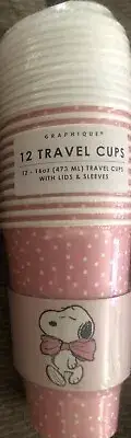 Peanuts~Snoopy PINK Bow~16oz. Travel TO GO Cups/Lids/Sleeves~NEW~12 Ct~FAST SHIP