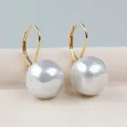 11mm Silver White Baroque Australian South Sea Pearl Earrings 14Kt Yellow Gold