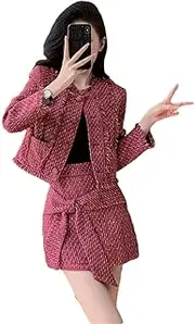 [Generic] Women Woolen Two Piece Set Tweed Short Jacket Coat+Bow Patchwork Mini Skirt Suit