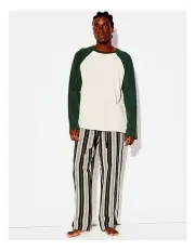 [Kenji] Long Sleeve Raglan Tee & Flannelette Pant PJ Set Stripes in Green