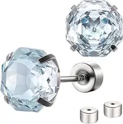 [Cora Rogers] Cubic Zirconia Earrings Studs - Screw on Flat Back Surgical Steel Hypoallergenic Pierced Earrings - 8mm Ice Blue, 2ct - 8mm, Titanium Steel Zircon, Zircon