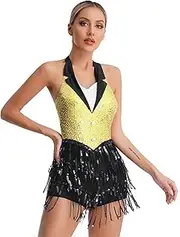 [TiaoBug] Womens Shiny Sequins Latin Jazz Salsa Dance Fringe Tassel Dress Sleeveless Leotards Bodysuit Party Costume