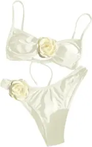 Women's 2 Piece Bikini Set High Waisted Bathing Suit Tie Back 3D Rose High Cut..