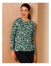[Regatta] Long Sleeve Soft Touch Tee With Side Splits in Greens Leaf Print On Green Marle