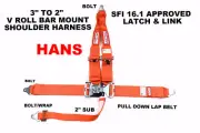 ORANGE SAFETY HARNESS HANS SFI 16.1 5 POINT V ROLL BAR MOUNT 3" LATCH & LINK