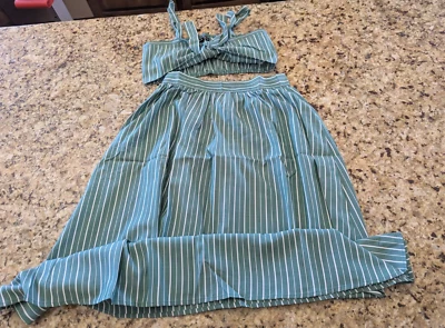 Striped Tie Front Cami Crop Top & Skirt Set M Medium Green