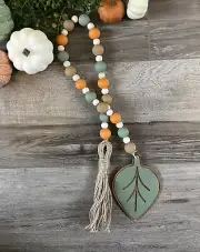 Handmade Wood Bead Garland with Tassel & Leaf Orange, Brown & Green Fall