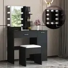 Dressing Table Dresser Makeup Vanity Table Stool Set with Mirror&LED Light Black
