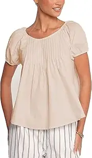 [Zontroldy] Women's Summer Cotton Blouses Tops Pleated Short Sleeve Crewneck Casual Babydoll Shirts