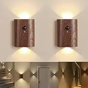 Meomchee Wall Sconces Motion Sensor Night Light Battery Operated Lights with Linkage Function, Magnetic Rechargeable Up Down LED Light for Bedroom Hallway Stairway, Walnut Wood, Set of 2