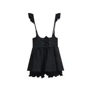 Short-Sleeve Plain Ruffle Trim Cropped Blouse / High Rise Lace-Up Mini A-Line Overall Skirt Dress - Black - S
