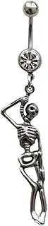 [Generic] Punk Skeleton Belly Button Ring, Cool Surgical Stainless Steel 14G Navel Barbell Ring with Dangle Pendant, Unique Piercing Body Jewelry