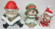 Set of 3 Homco Christmas Elf & Mice figurines Reading Book Lantern Candy Cane