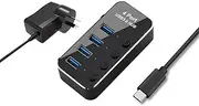 Powered USB Hub, TEKERA USB 3.0 Hub with Power Adapter and Individual On/Off Switches, USB Hub 3.0 Splitter (USB-C Hub 4 Ports)