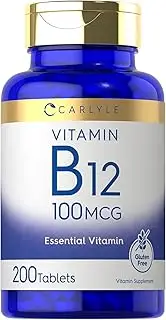 Vitamin B12 100mcg | 200 Tablets | Essential Vitamin Supplement | Vegan, Non-GMO, and Gluten Free Formula | by Carlyle