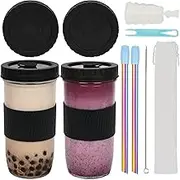 UHAPEER 2 Pack Reusable Boba Cup Bubble Tea Cups, 24 OZ Boba Tea Cup Boba Cups and Lids and Straw, Mason Jar Silicone Sleeve, Glass Iced Coffee Cup, Smoothie Cups with Lids, Glass Bottles for Juicing