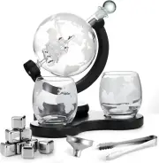 Whiskey Decanter Set 850Ml Decanter, 2 Engraved Globe Glasses, Stainless Steel F