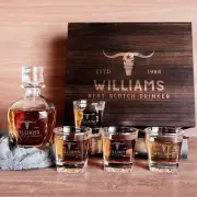 Engraved Wooden Gift Boxed Curve Whiskey Decanter & 4 Scotch Glasses Set