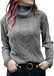 [Qolkmuiy-GJ] Women's Turtleneck Long Sleeve Sweater Cable Knit Solid Color Jumper Tops Warm Cozy High Neck Knitted Pullovers