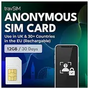 travSIM Anonymous SIM Card | 12GB Mobile Data with 4G/5G Speed | Use in UK and More than 30 EU Countries | Plan is valid for 30 days | Rechargeable
