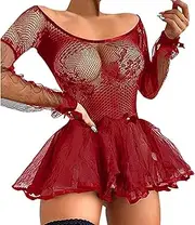[GRRKDFQ] Women's Erotic Apparel Erotic Lingerie See-Through Lace Patchwork Dress Long Sleeve Scoop