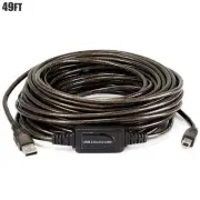 49FT Active USB 2.0 Type A Male to Type B Male Printer Scanner Cable Cord Black