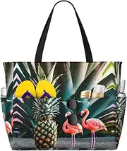 [Ghjkfbf] Pineapple Flamingo Print Large Capacity Beach Travel Bag For Family, Beach Tote Bag For Women With Zipper Pockets, Black, One Size