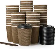 80 Pack 12 Oz Paper Coffee Insulated Ripple Wall Paper Cups with Lid and Straws