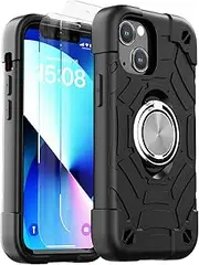 KCJ for iPhone 13 Mini Case/iPhone 12 Mini Case 5.4 Inch with Ring Holder, with 2 Pack Screen Protector + 1 Pack Camera Lens Protector,Heavy-Duty Military Grade Protector Cover. (Black)