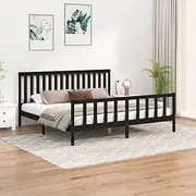 King Size Wooden Bed Frame Without Mattress in Black Solid Pinewood, Platform Design with Headboard, Dimensions 205.5x186x101 cm