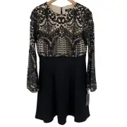 Aidan Mattox Lace Crepe Cocktail Dress Fit & Flare Long Bell Sleeves Black 10