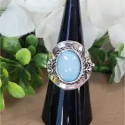 Blue Chalcedony Vintage Boho Style Bezel Set Cabochon Cocktail Ring Size 7 NIP