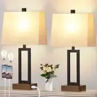 23.5" Table Lamps Set of 2, Modern Bedside Lamps with 2 USB Ports & AC Black
