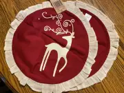 Reindeer Ruffled Round Red Tablemat - Set of Two ~ New With Tags