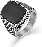 [Raymard] Onyx Stainless Steel Textured Signet Rings for Men, Size 7-12