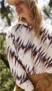 NEW Sz S Free People Half Time Printed Hoodie Crop Ivory Blue Wine Rib Cuff Fray