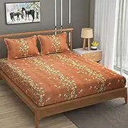 100% Cotton Queen Size Bedsheet for Double Bed, 1 Cotton Bed Sheet Double Bed (90 X 100 Inches) with 2 Pillow Covers | 240 Tc Bed Sheet Double Bed Brown White