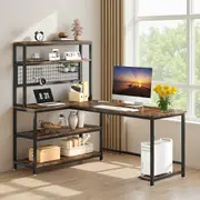 OAKORY L-Shaped Writing Table with Wireless Charging, 5 Storage Shelves Computer Desk with Hang Hooks, Metal Mesh attached Storage Basket, Rustic Brown