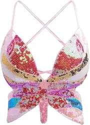 [JunHa] Womens Glitter Sequin Butterfly Crop Top Sparkly Tank Top Rave Tube Vest Top,Womens Indian Belly Dance Costumes Performance,Pink