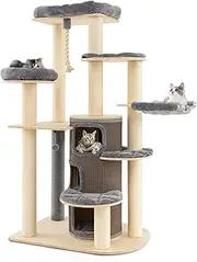 Costway Multi-Level Cat Tree, Solid Wood Tower With 3-Story Condo, 2 Perches, Scratching Posts, Platforms, Sleeping Bed, Spring Ball, Hanging Rope - Modern Furniture for Indoors (Grey)