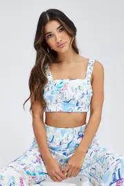 Blue Print Crop Top Sleeveless Cotton Ruched Strap Cami - Size 16, Women's Crop Top