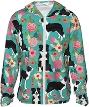[FHEDVBN] Men's UPF 50+ Border Collie Florals Sun Protection Hoodie Long Sleeve Rash Guard Hiking Running Workout Shirt