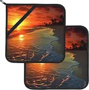 2 Pack Pot Holders for Kitchen Heat Resistant Potholders Beach with Sunset Pot Holders Set Washable Hot Pads with Loop Non Slip Potholders for Cooking Baking BBQ Microwave 8 x 8 Inch