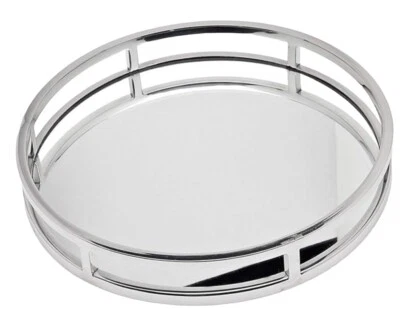 NEW GODINGER ASPEN ROUND MIRROR TRAY STAINLESS STEEL LARGE 19"